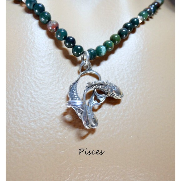 Sterling Silver Pisces Fish Bloodstone Beaded Pendant Necklace Pentagram - Picture 3 of 9
